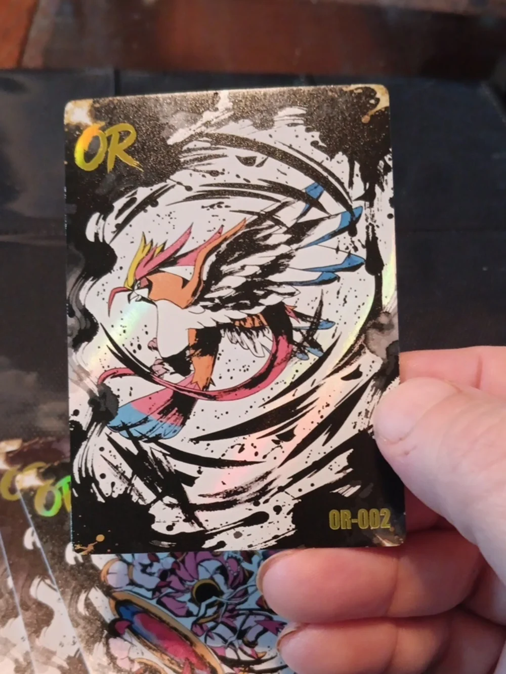 Pokemon OR Holo Card with Pink, Blue, Yellow, Black, White Accents